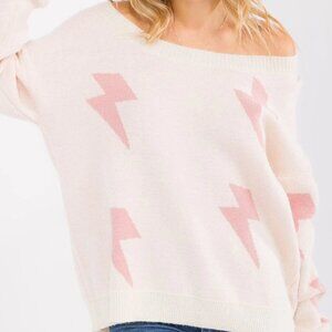 B29 WOMEN'S LONG SLEEVE OVERSIZED PULLOVER SWEATER LIGHTNING BOLTS PINK NEW